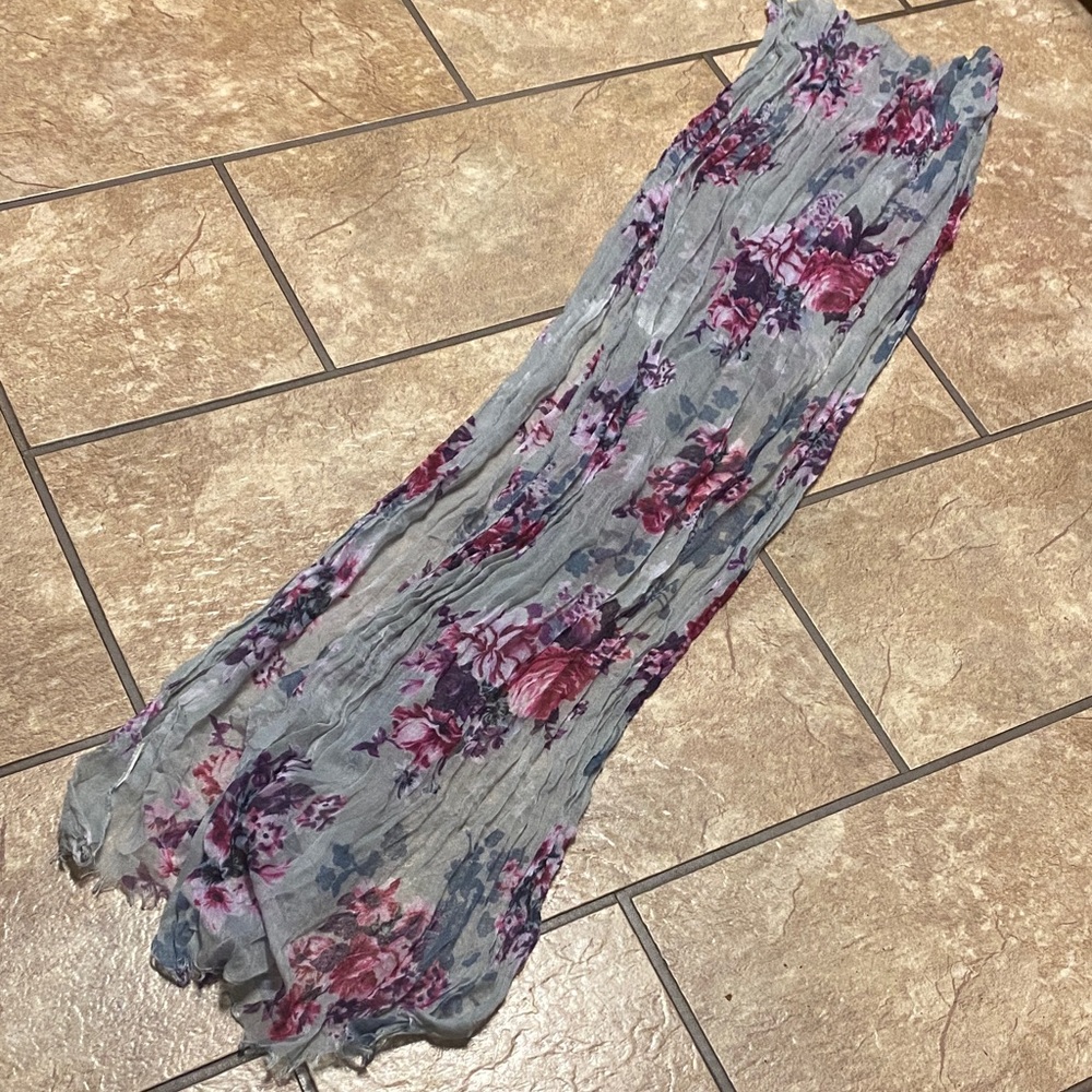 Delicate Floral Gray, Pink, and Purple Sheer Scarf Summer Fall Layer